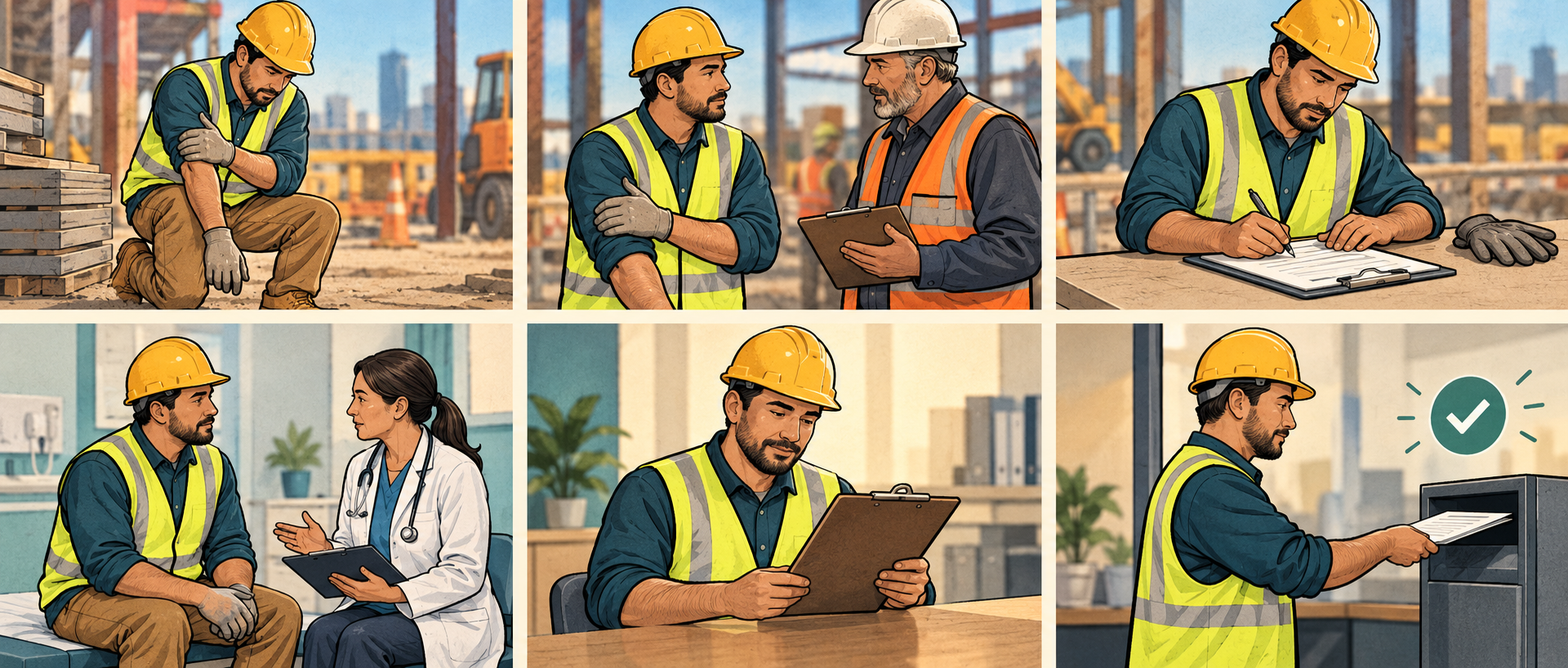 Six-panel sketch showing a worker getting safe, telling a supervisor, writing an incident report, receiving care, reviewing a claim form, and saving a submission confirmation