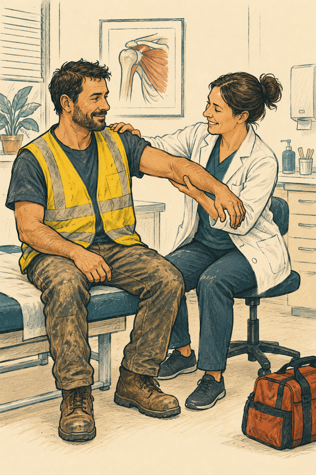 Worker receiving a careful shoulder examination from a clinician