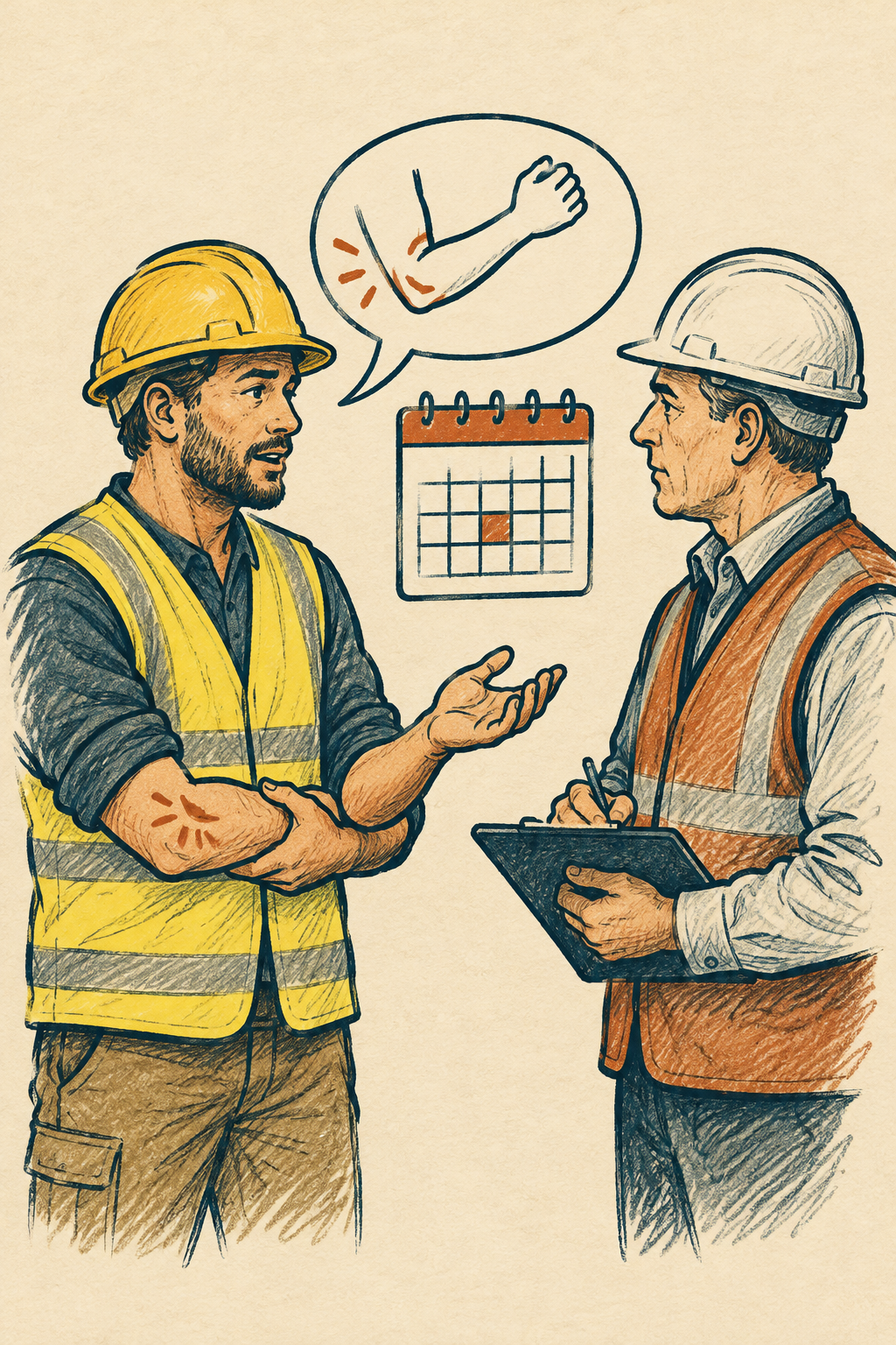 Worker telling a supervisor about an injury with a calendar nearby
