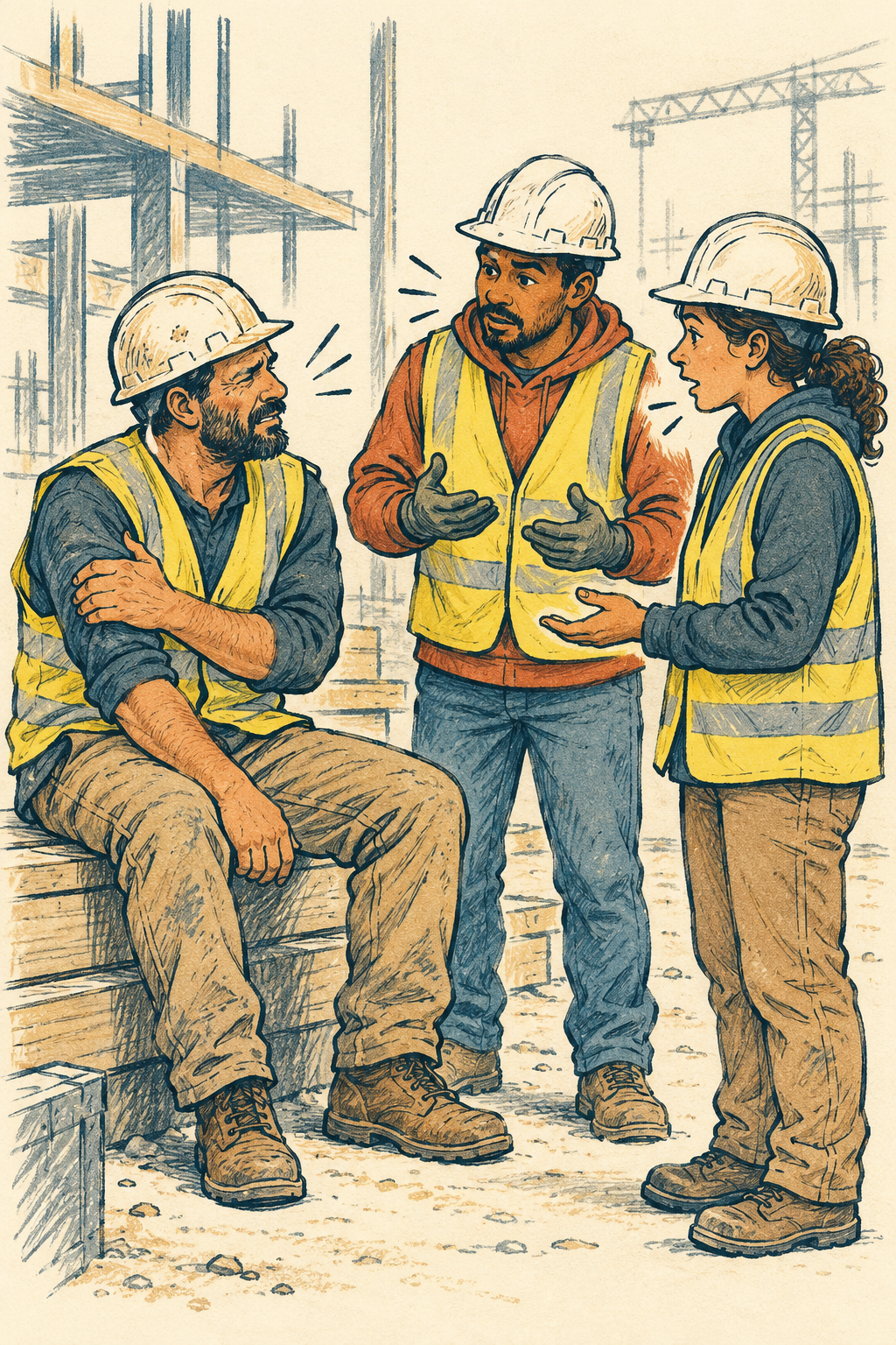Three workers discussing an incident at a worksite