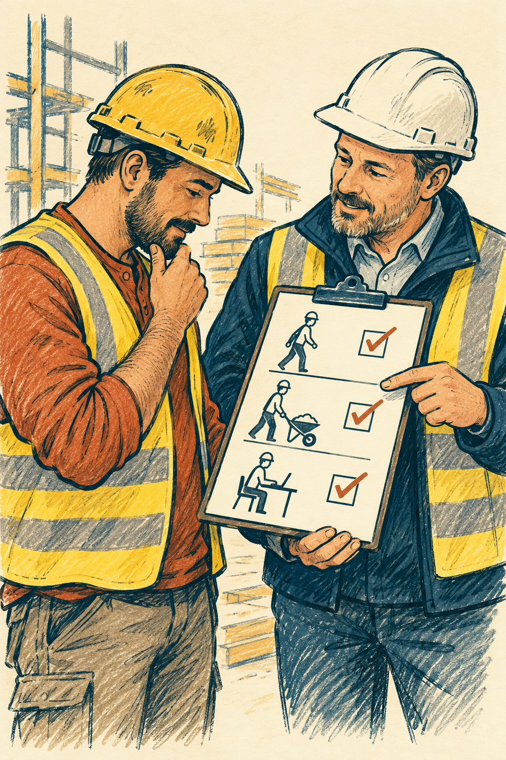 Worker and supervisor reviewing work status options on a clipboard