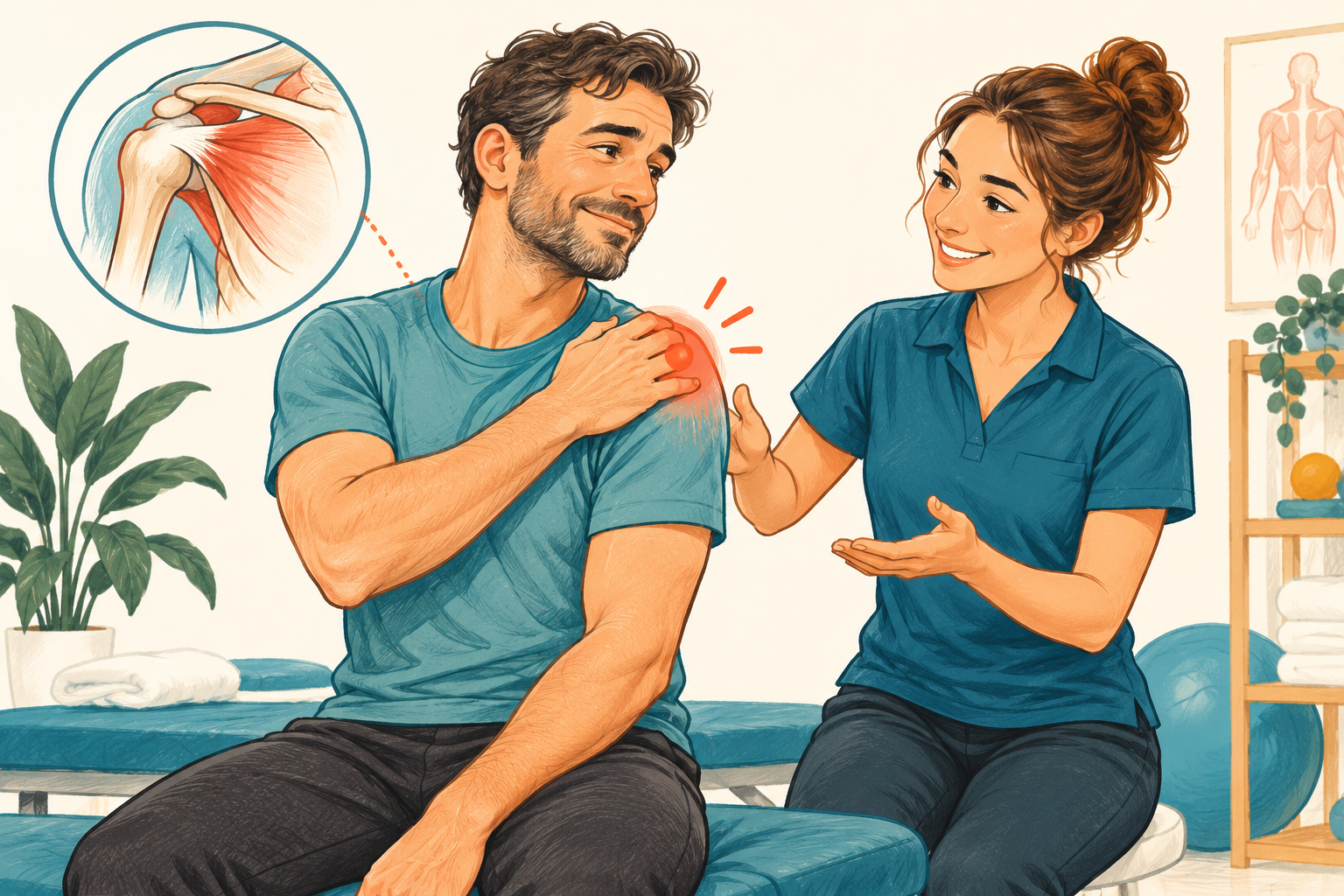 Patient with shoulder pain receiving guidance from a physical therapist