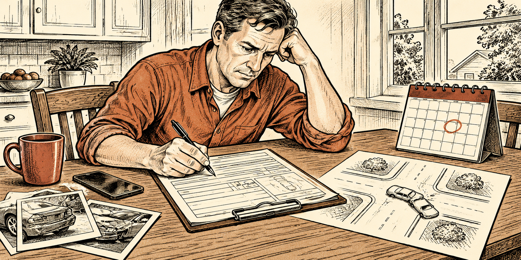 Driver completing a motor vehicle crash report with a road diagram