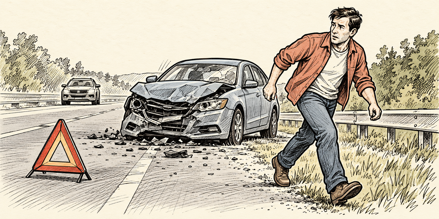 Driver moving to safety beside a crash scene
