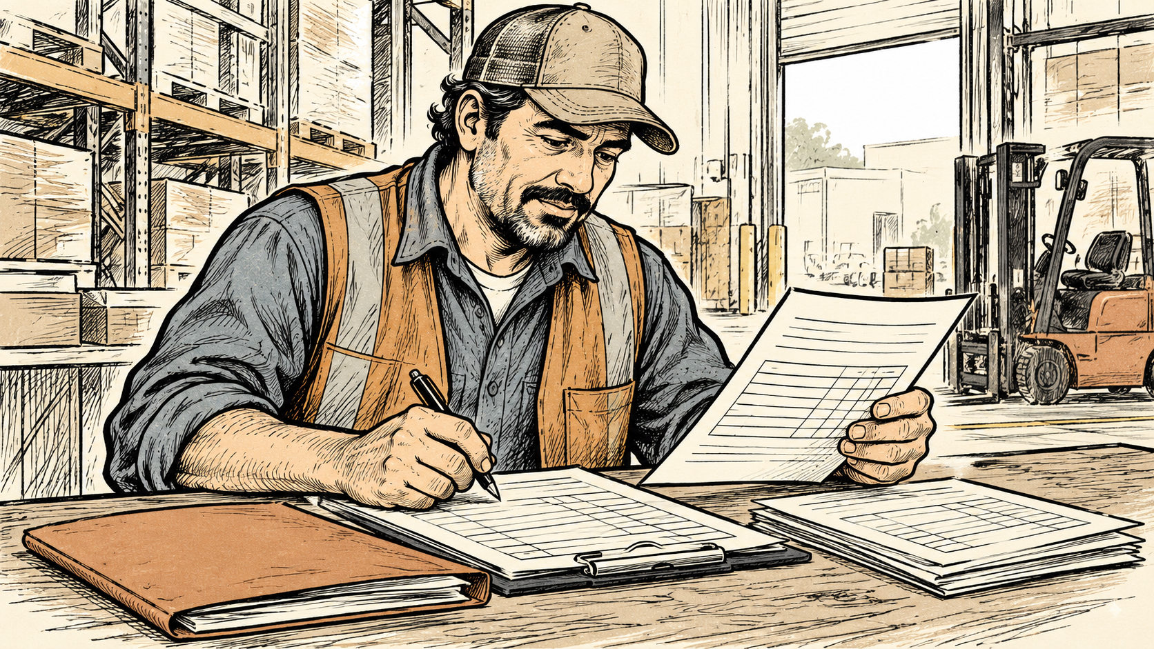 Warehouse worker completing an employee claim form with records