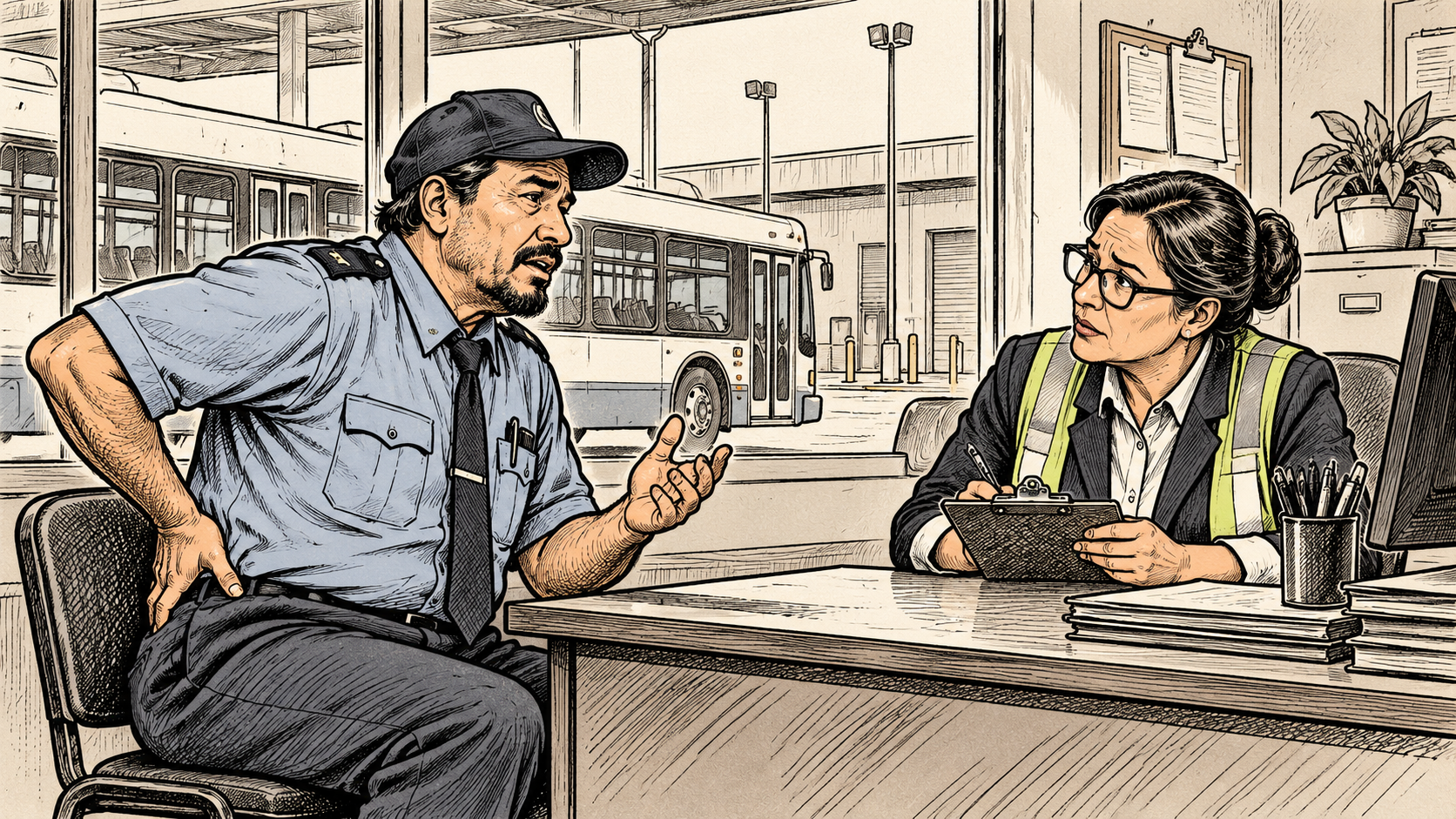 City bus driver reporting a work injury to a supervisor at a bus depot