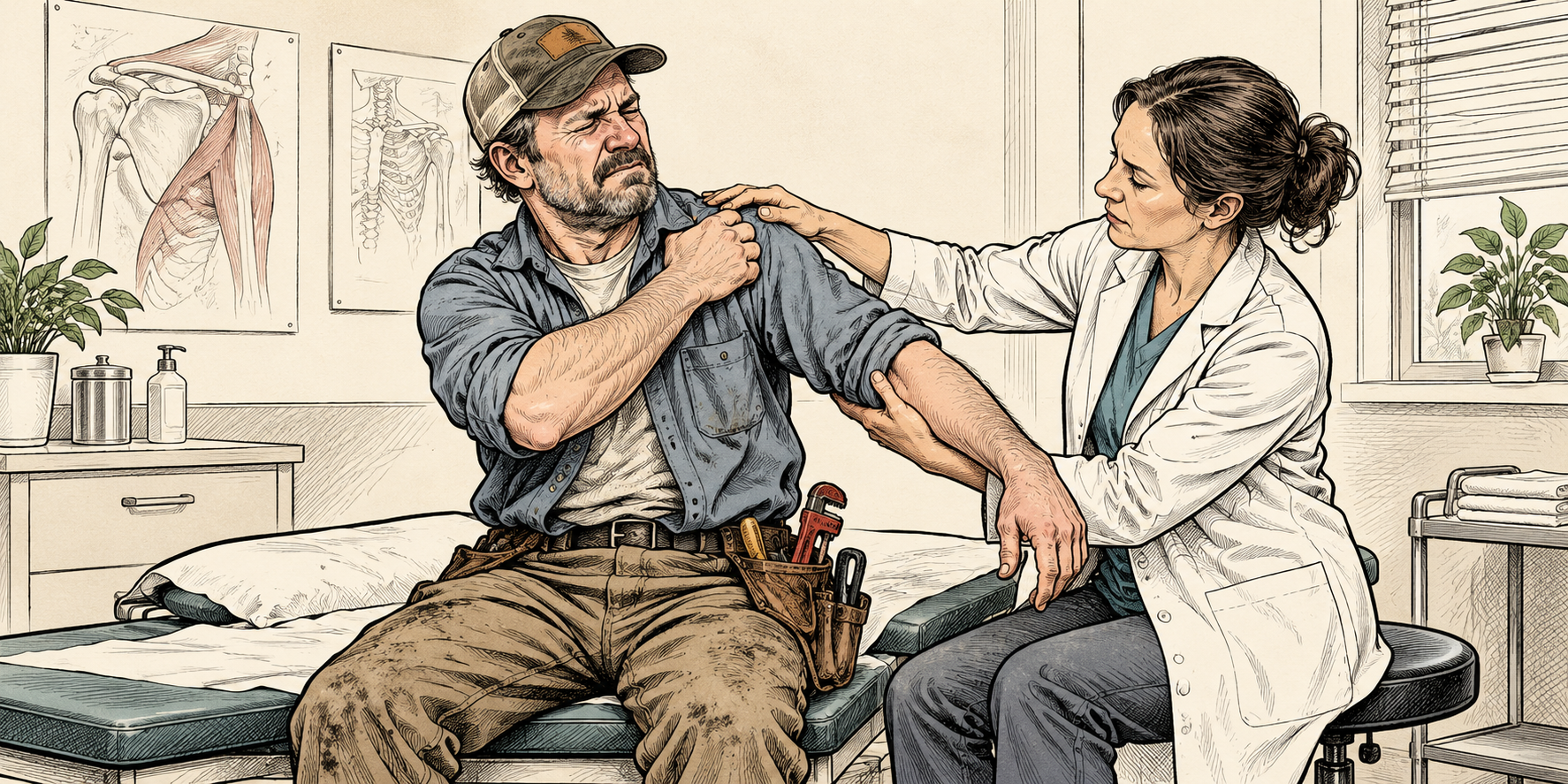 Plumber receiving a shoulder examination from a clinician