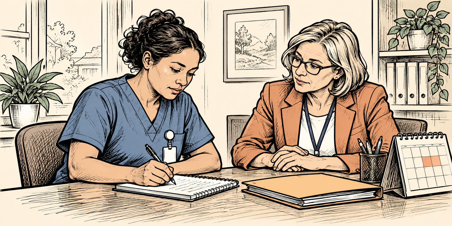Healthcare aide writing incident details with an HR representative