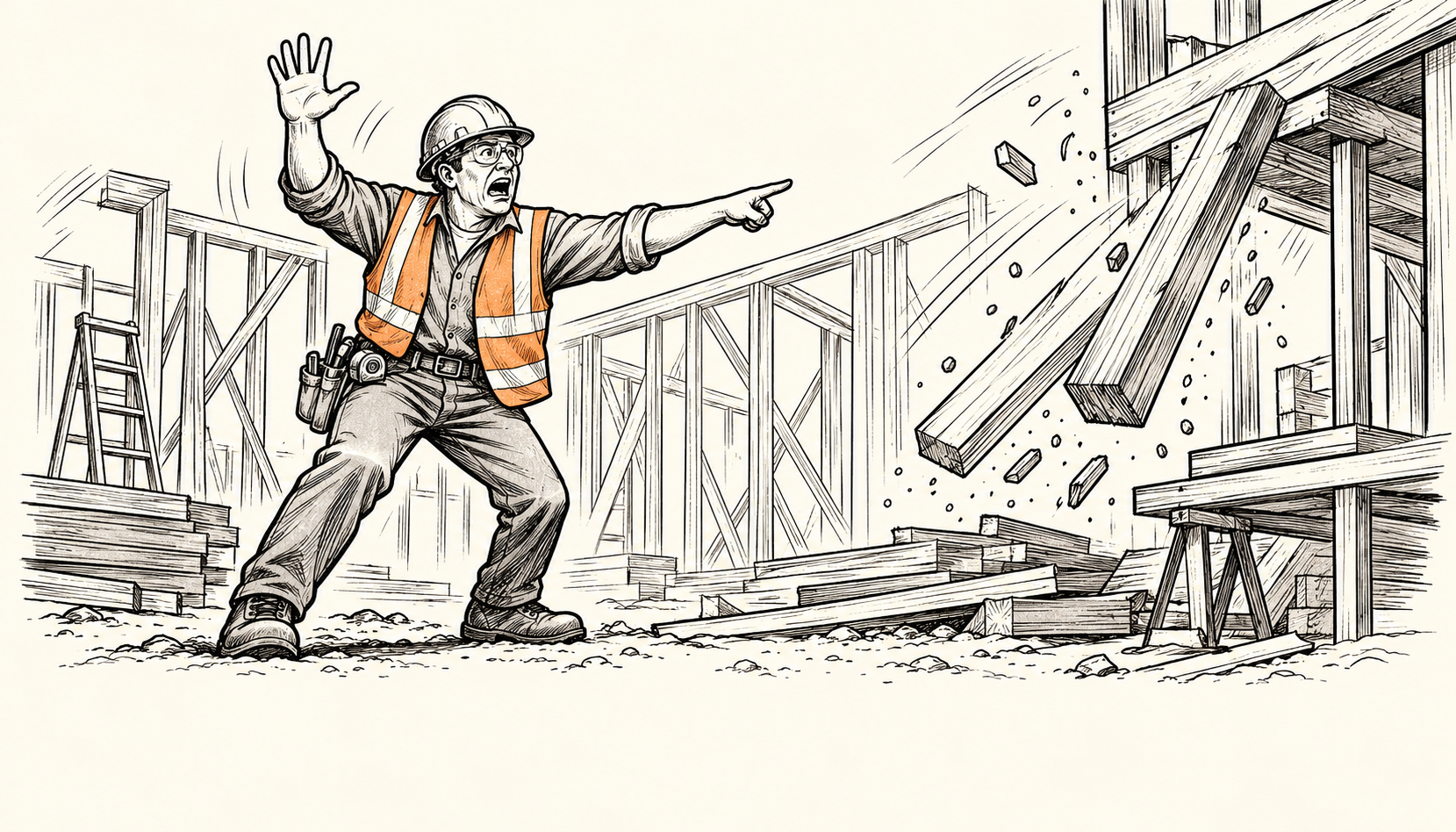 Construction worker in a safety vest moving away from falling lumber at a worksite