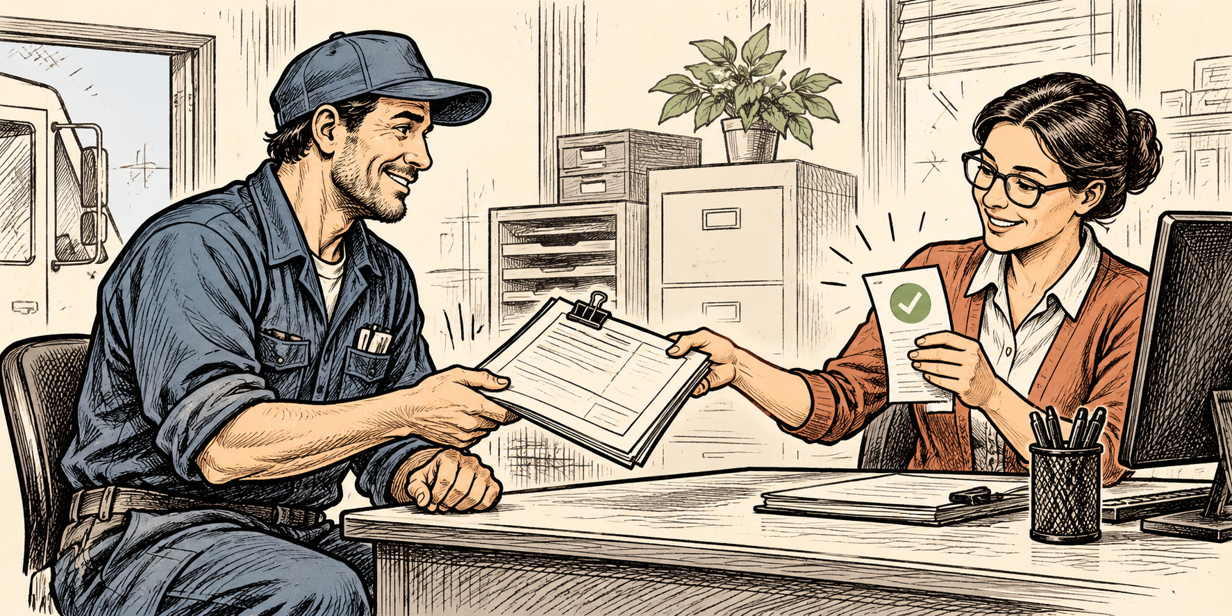 Delivery worker submitting a claim packet and saving a confirmation